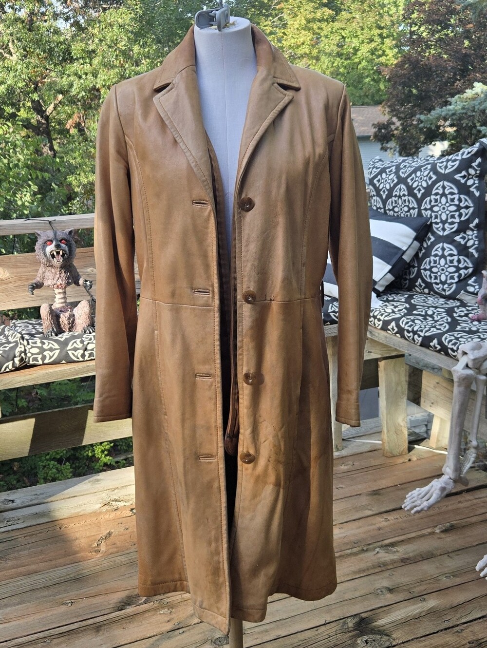 VTG Wilsons Leather Tan Long Trench Coat Medium Damaged Hole Discolored